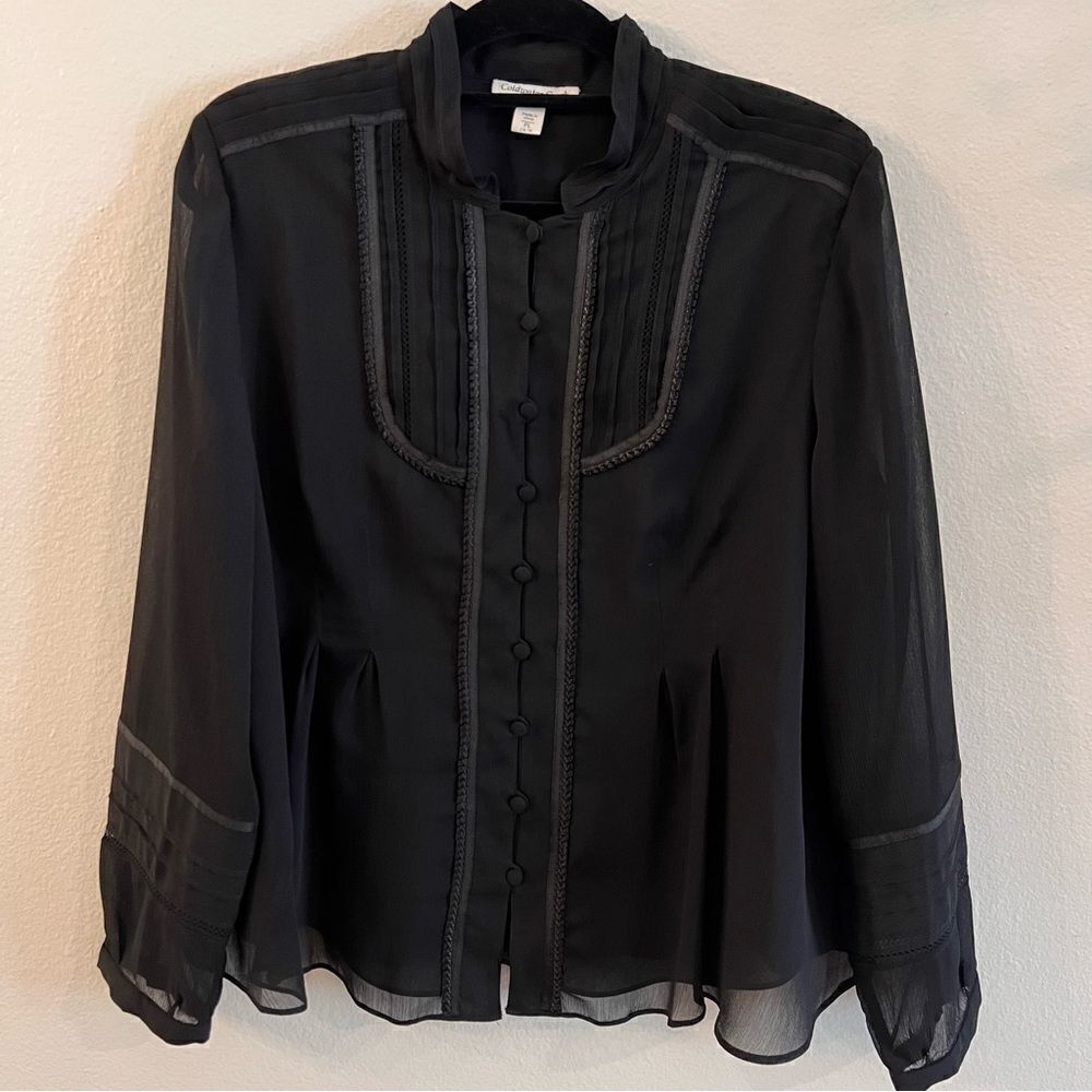 Coldwater Creek Shirt Sz PL Black Chiffon Pleated Romantic Blouse Cottagecore